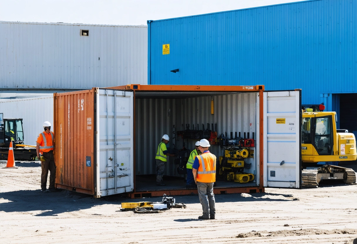 A construction site with a strategically placed on-site storage container. Workers efficiently accessing tools. Daylight,