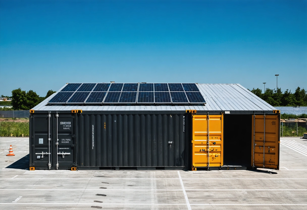 A construction site with an eco-friendly on-site storage container made from a repurposed shipping container.