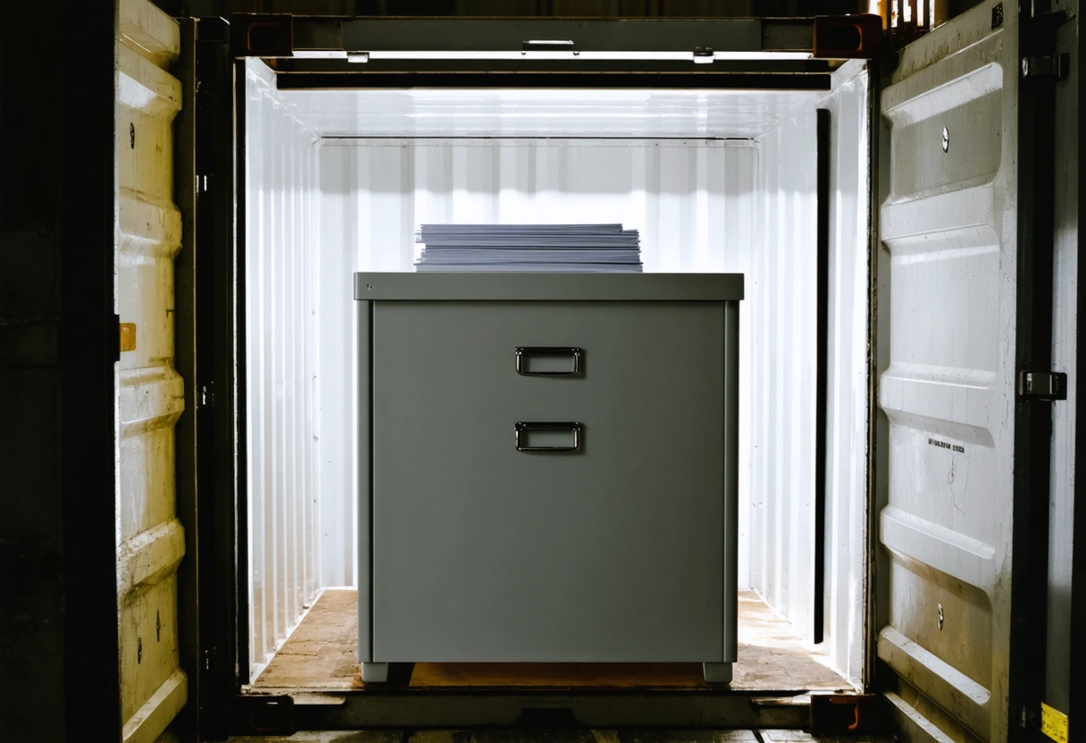 Open fireproof document box with visible documents inside storage