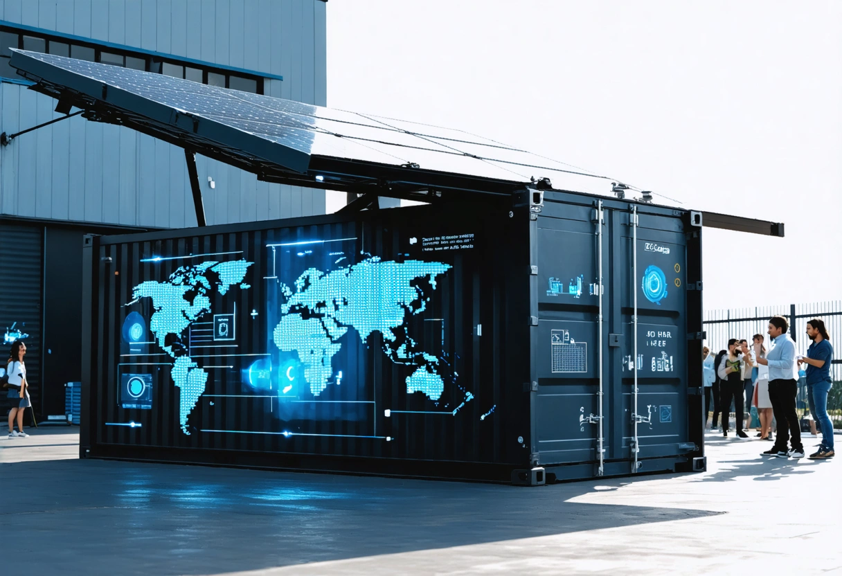 A futuristic storage container with solar panels and smart technology features in a tech park.