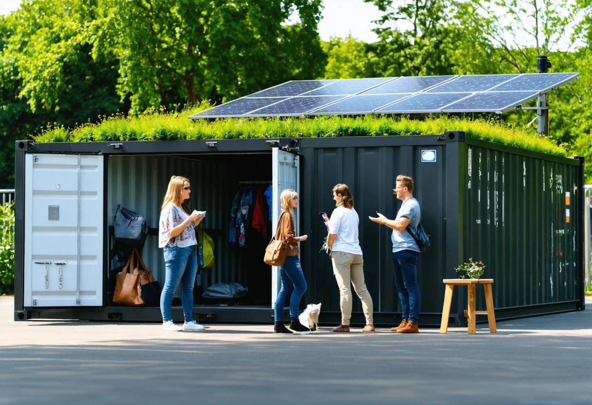 A modern storage container with eco-friendly features like a green roof and solar panels in