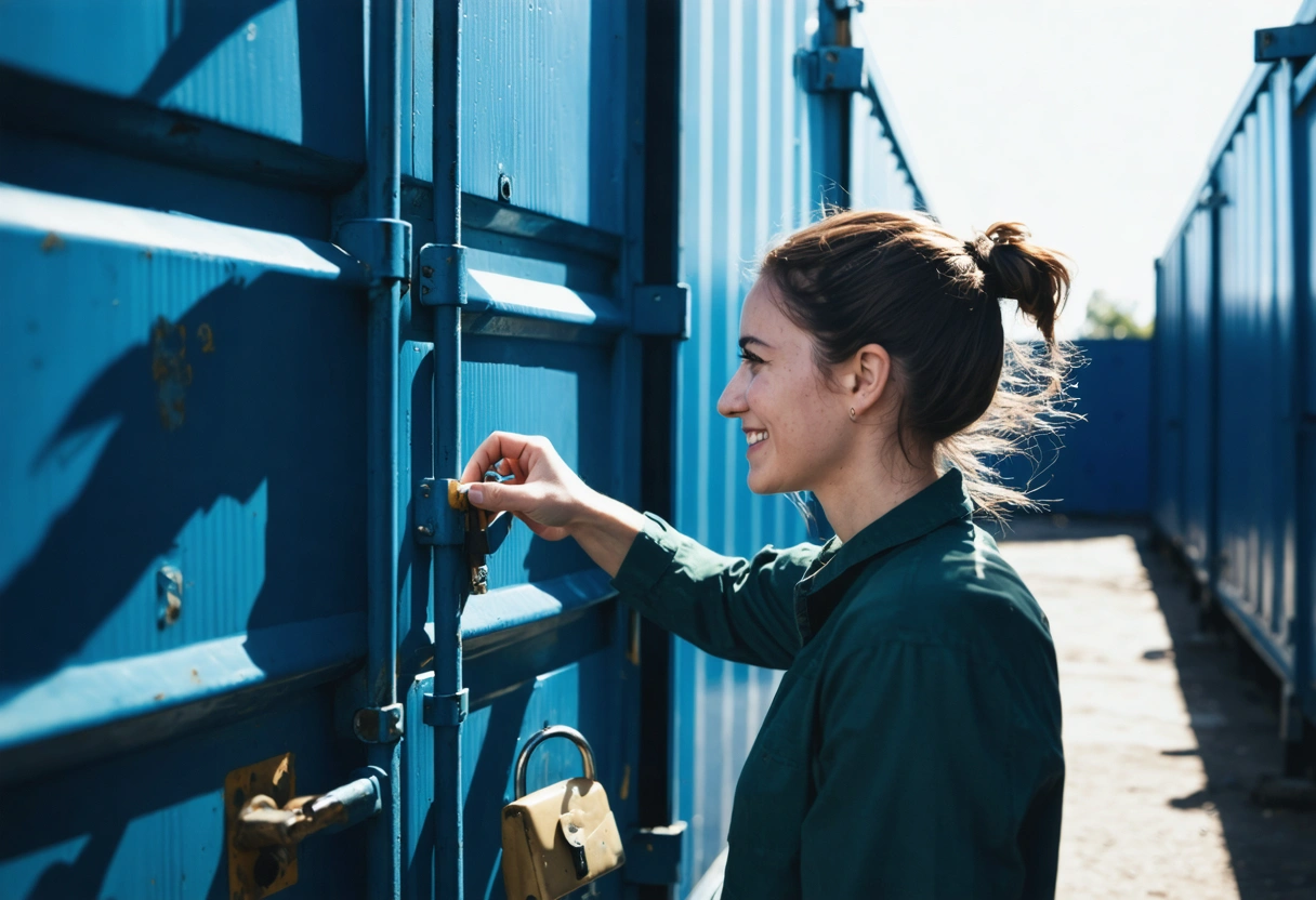 Person smiling while checking lock at storage facility