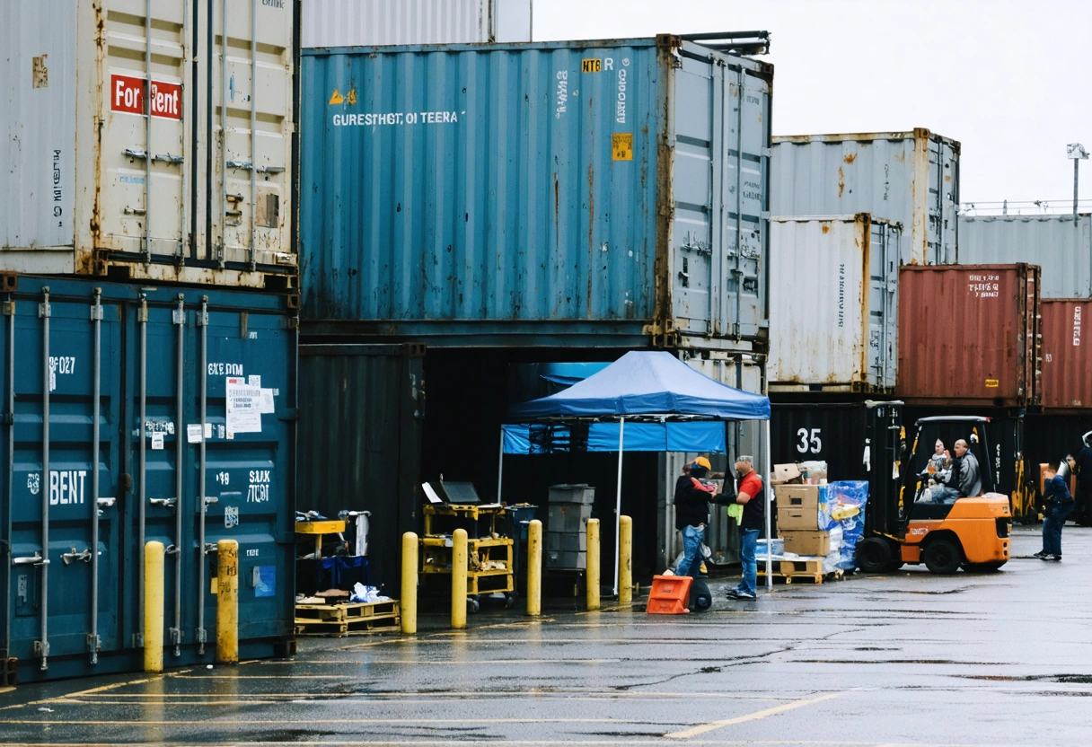 A row of storage containers of varying sizes in an industrial area, with a focus