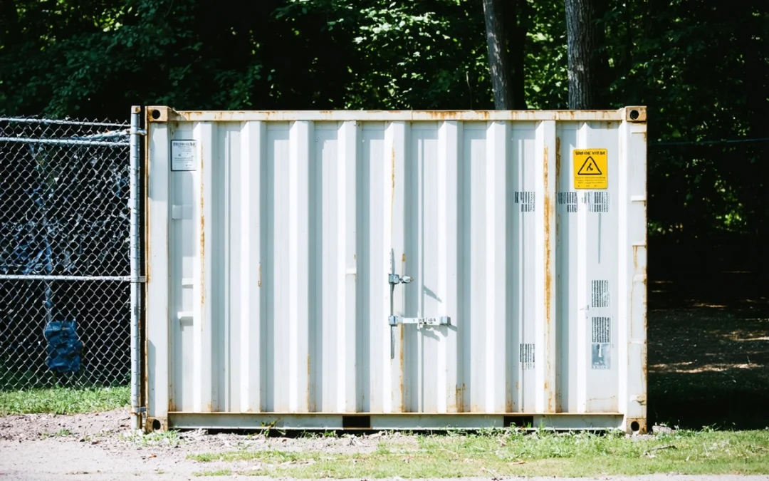 Secure metal storage container with sturdy lock, surrounded by trees in bright daylight.