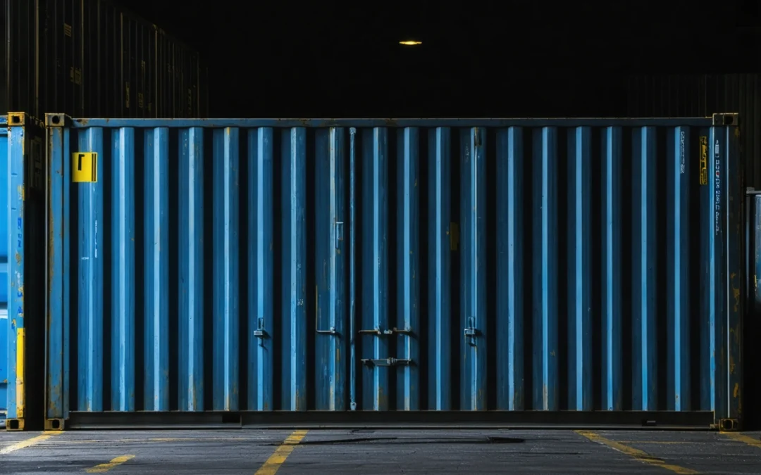 Dimly lit storage container surrounded by shadows, highlighting security risks in evening light.