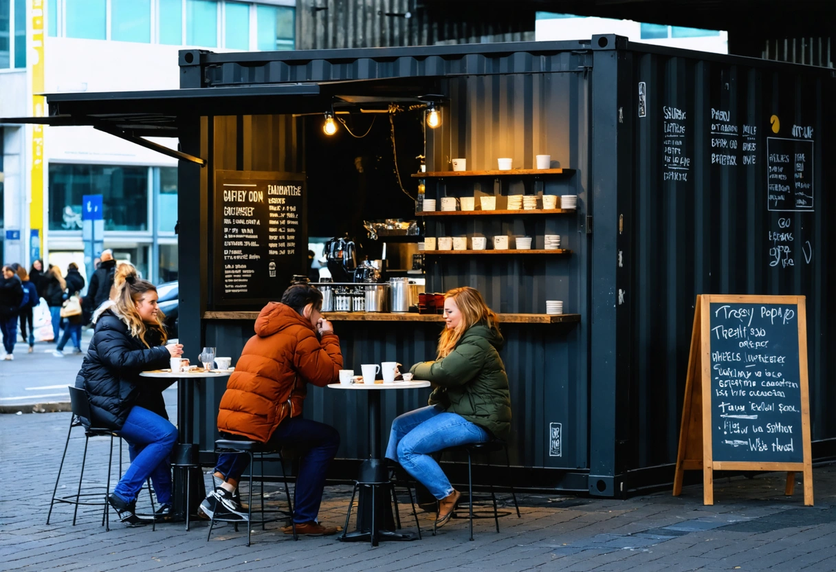 A trendy pop-up café inside a storage container in a busy urban street. Customers enjoying