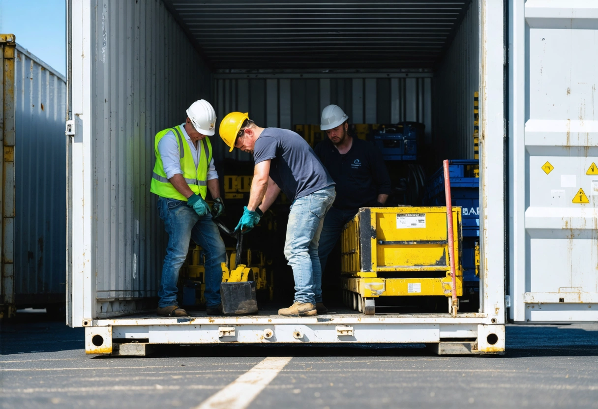 Construction workers accessing a well-organized on-site storage container. Bright daylight, efficient and productive atmosphere, tools