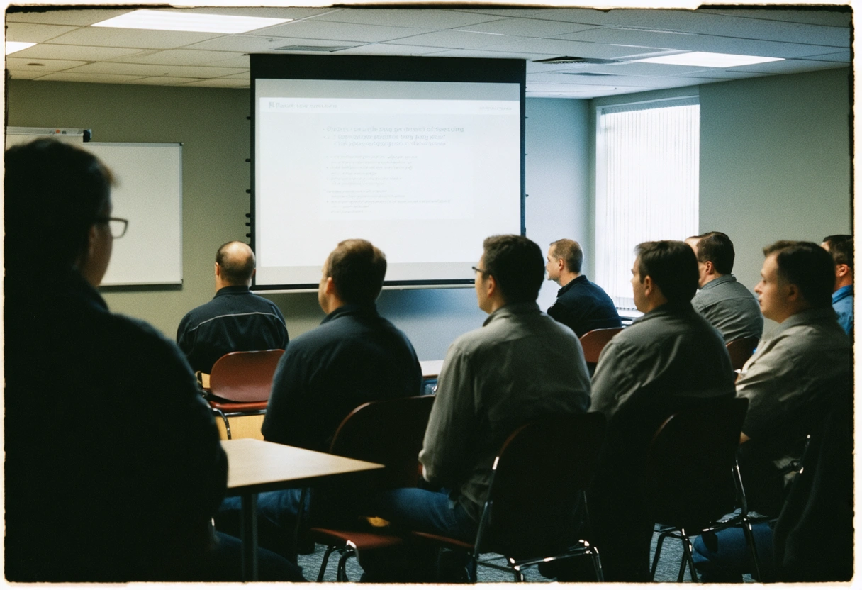Employees in training room watching security protocol presentation