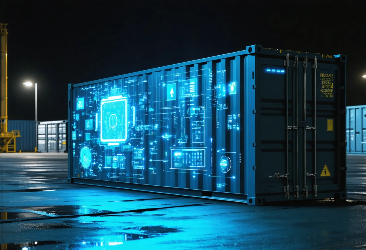 Futuristic security tech interface overlay on storage container at night