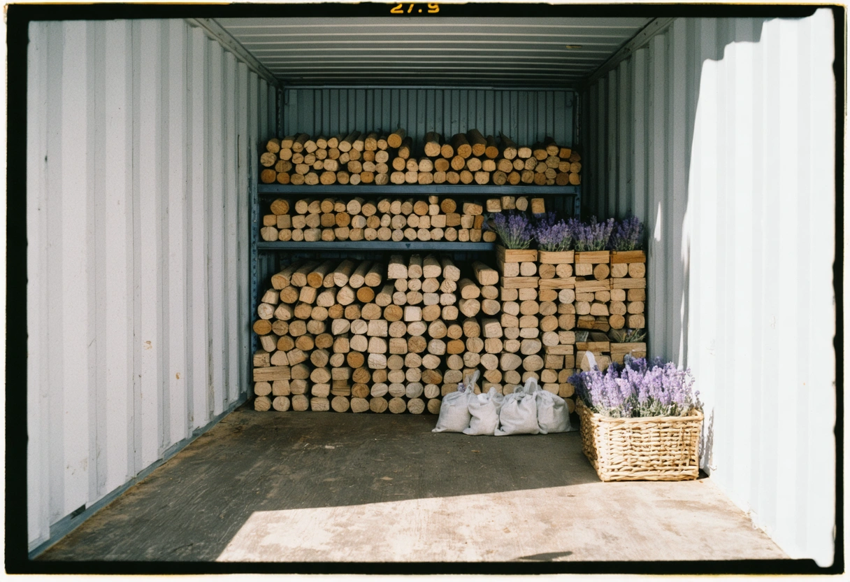 Storage container with cedar blocks and lavender sachets on shelves