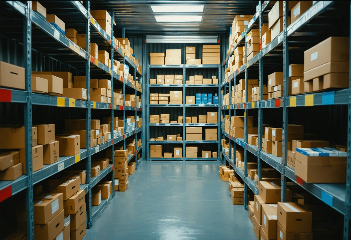 Organized storage container with labeled boxes on shelves, soft lighting