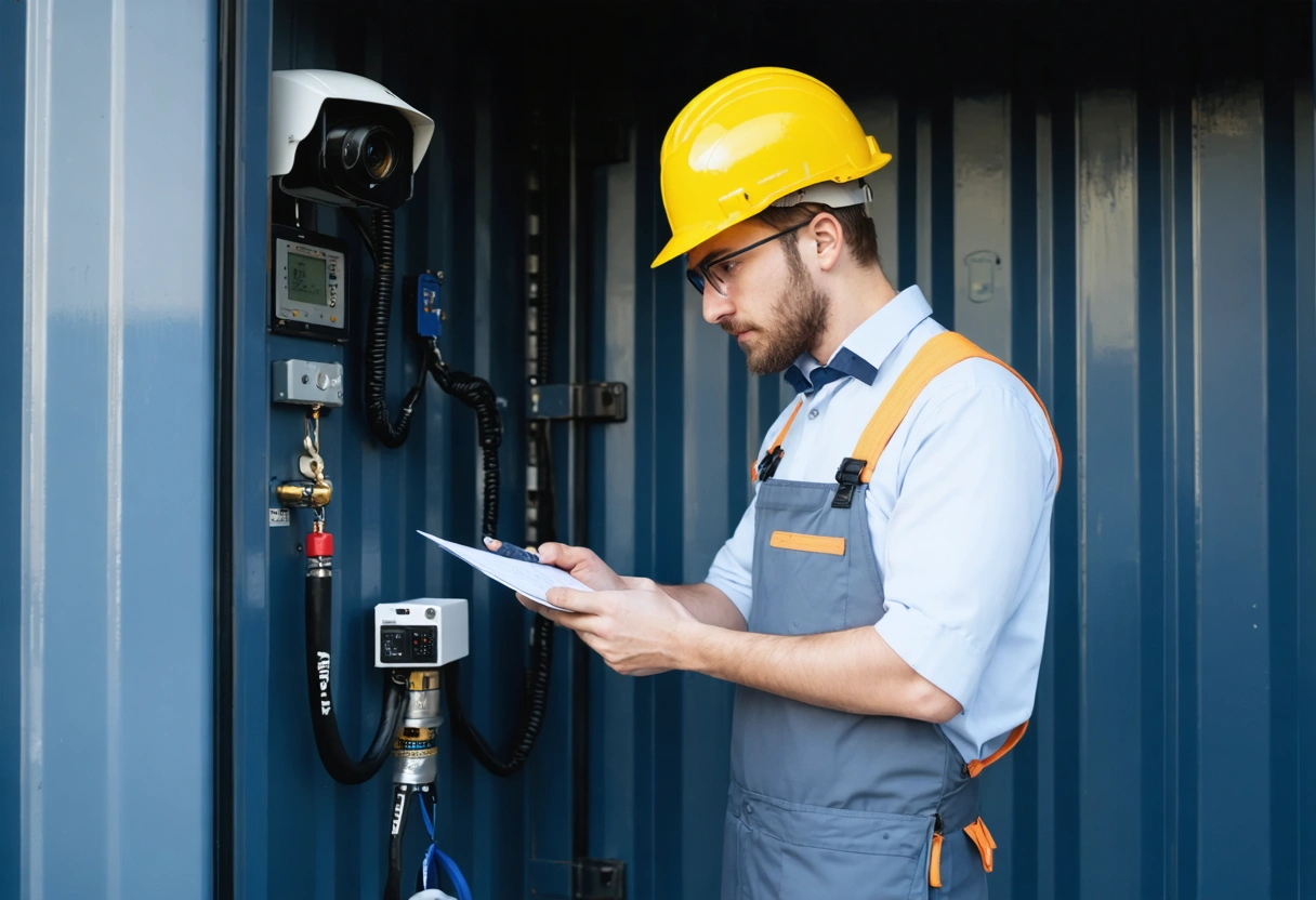 Technician inspecting storage container lock and camera system with checklist