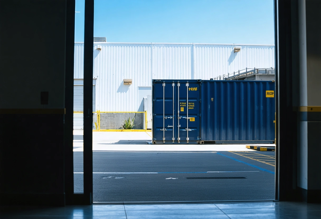 A business office with a view of an on-site storage container outside. Bright, sunny day,
