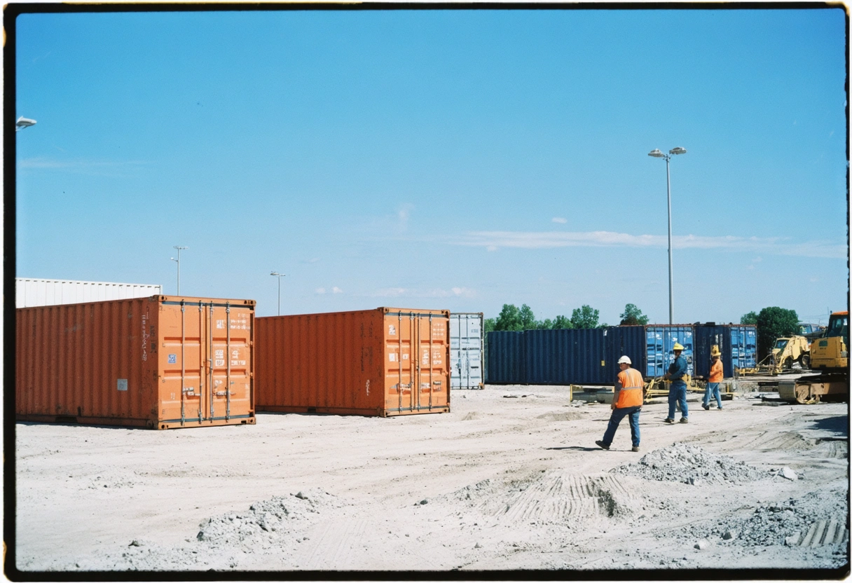 A construction site with on-site storage containers strategically placed. Workers nearby, clear weather, showcasing protection