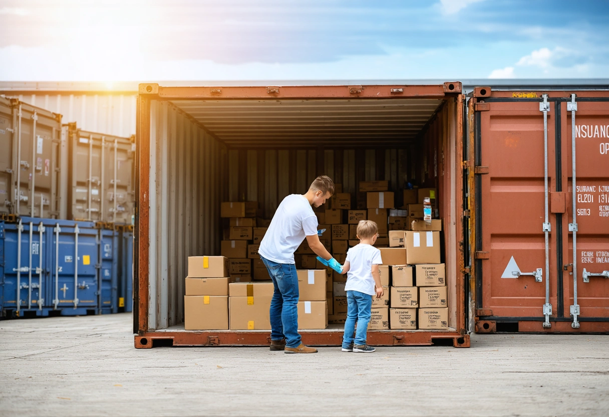 A family securing items in a storage container, with a sense of peace and security,