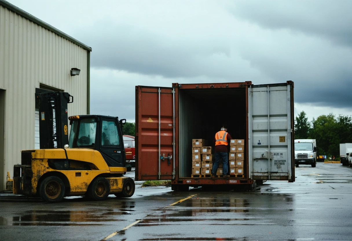 A retail store's inventory being loaded into an on-site storage container as a storm approaches.