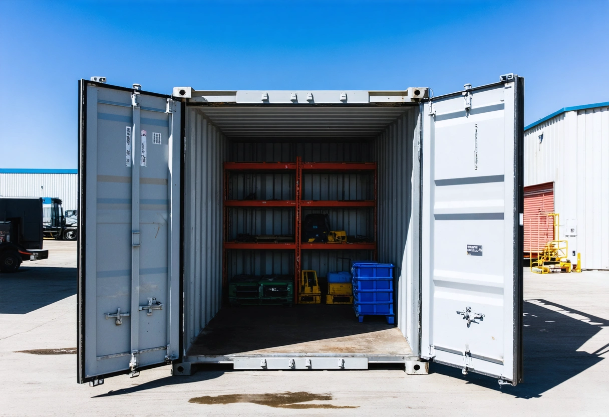A steel on-site storage container with open doors, showing organized shelves and various stored items.