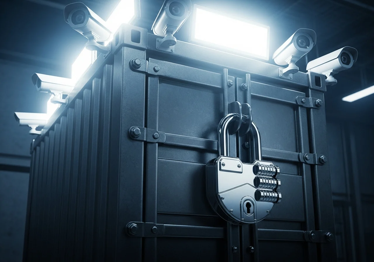 A storage container with security features like a high-quality lock and cameras, under bright lighting,
