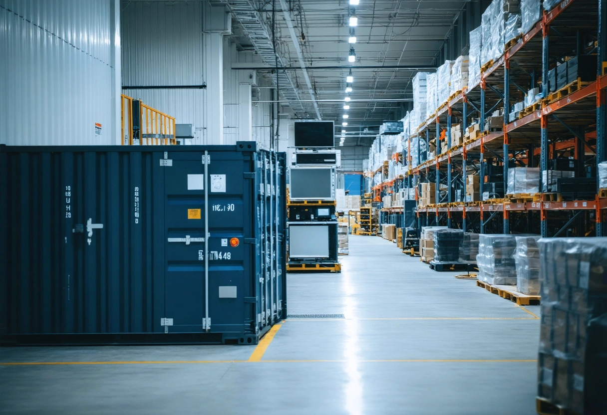 A tech company warehouse with on-site storage containers housing digital equipment. Modern, clean environment, focus