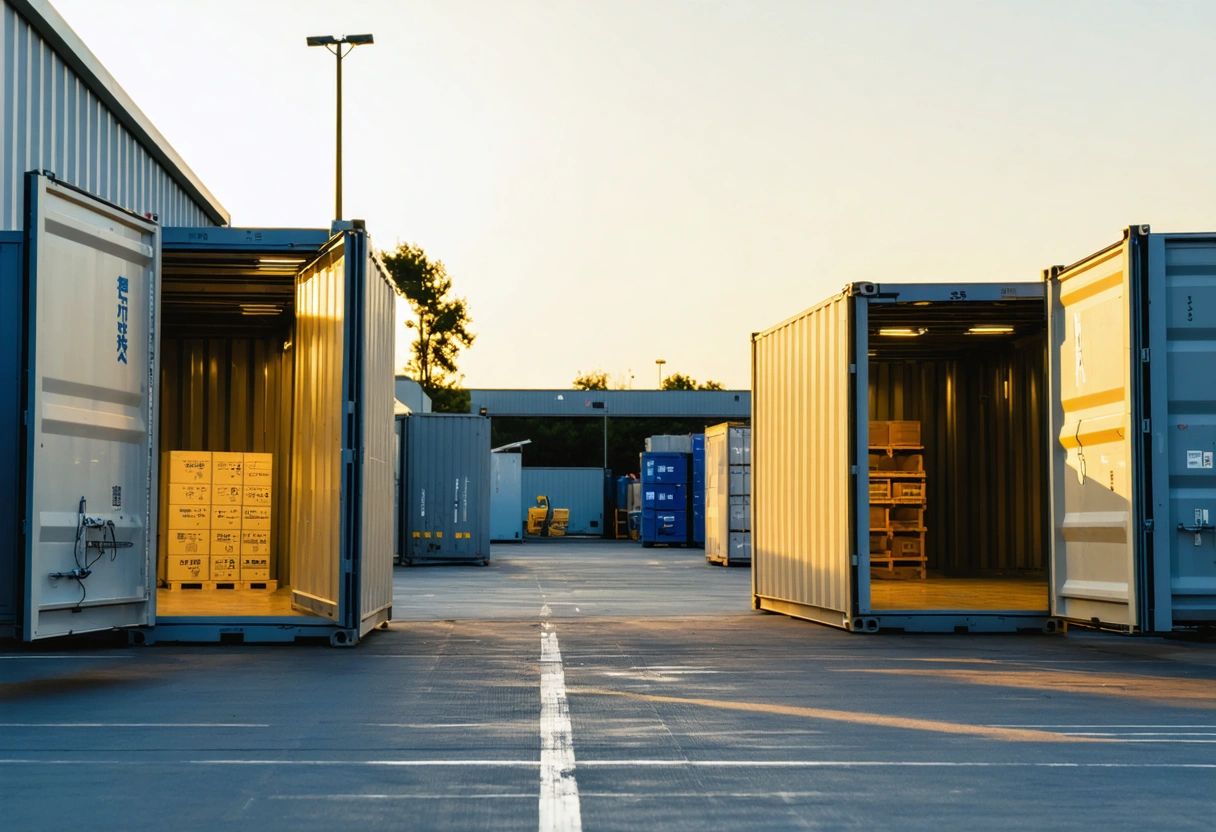 Modular storage container system with adaptable interior in commercial yard.