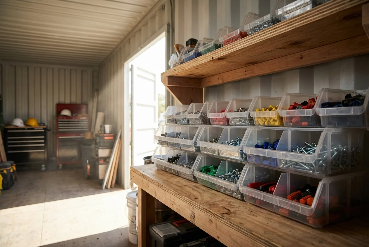 Inside a construction site storage container with clear bins, labeled and organized, tools and small