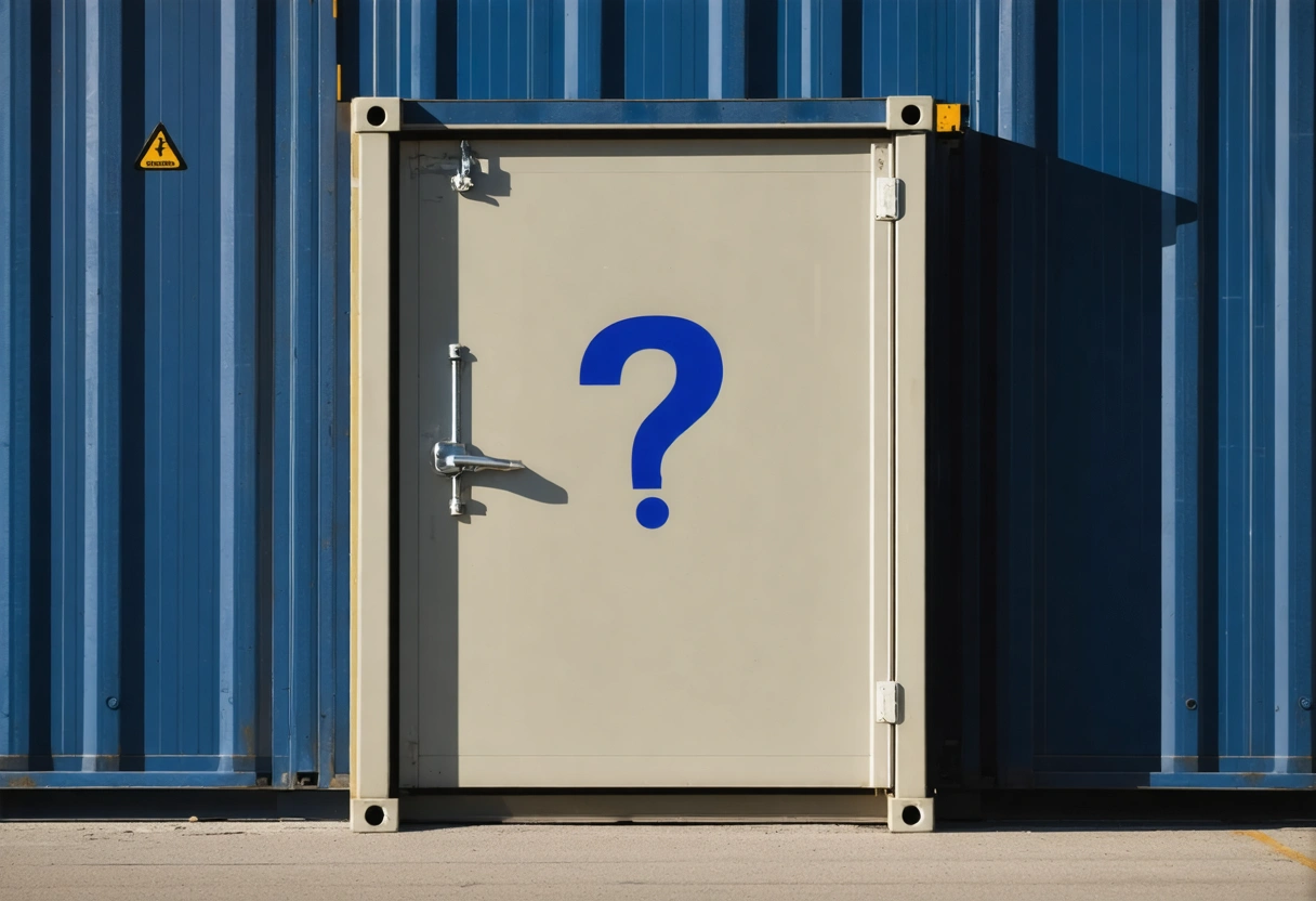 Close-up of a storage container door with a question mark symbol, under clear lighting, symbolizing