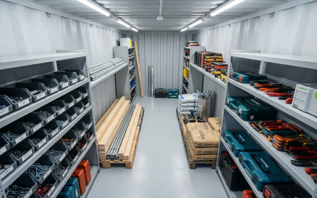Organized construction site storage container interior with tools and materials