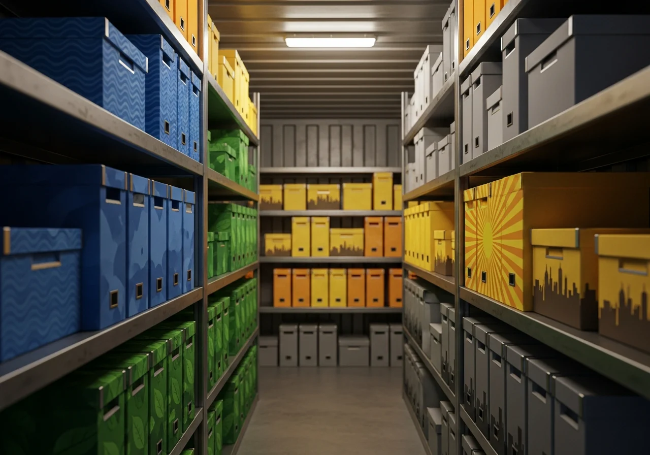 Interior of a storage container with organized shelves, depicting various insurance options through labeled boxes,