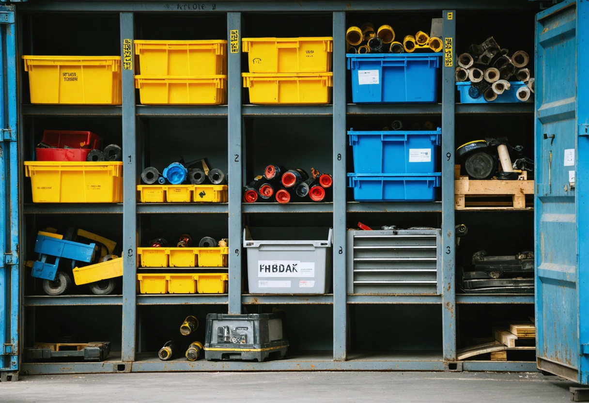 Interior of a storage container on a construction site with labeled shelves and color-coded bins,