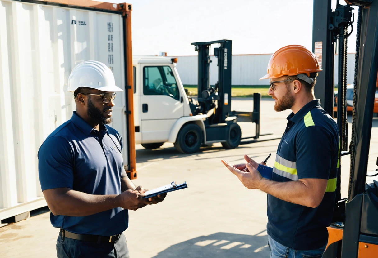 Business owner and provider discussing storage container placement during delivery.