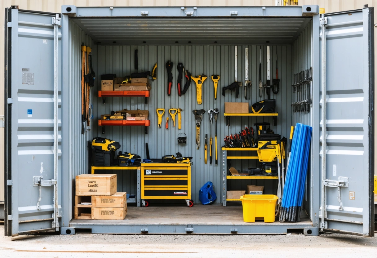 Construction site storage container interior, organized with labeled shelves and bins, tools neatly arranged, bright