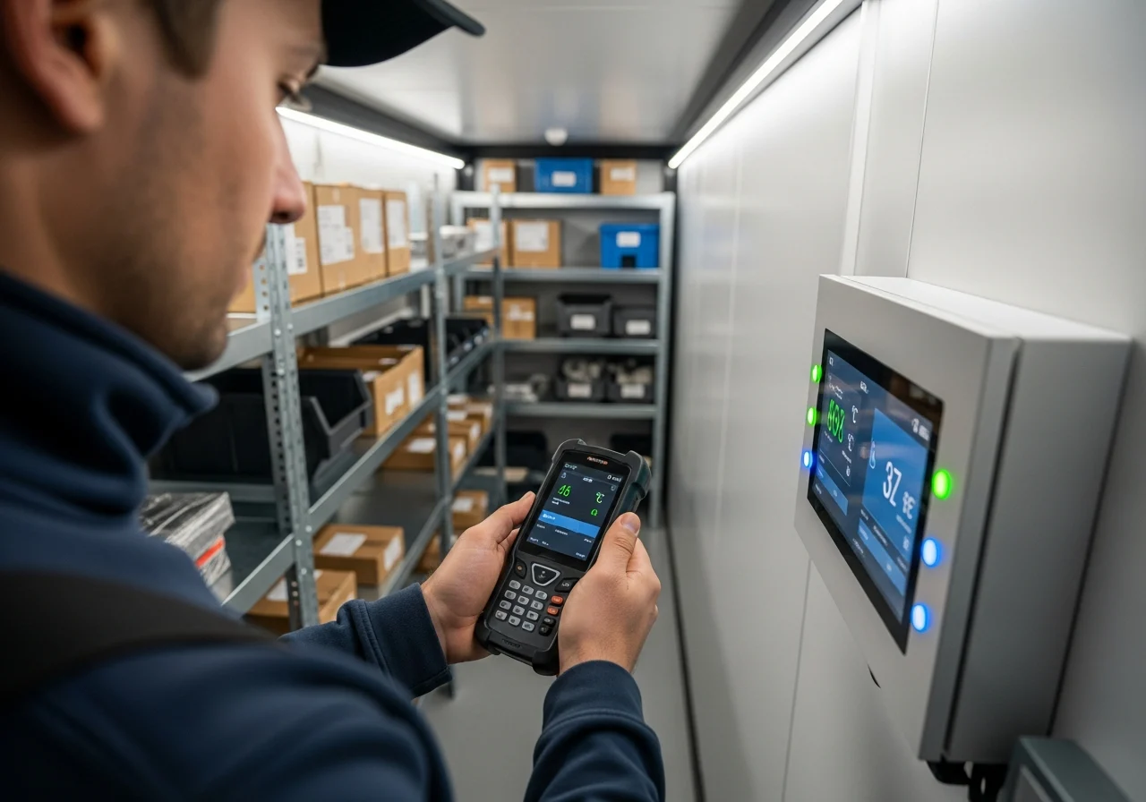 Business operator using monitoring device inside modern storage container.