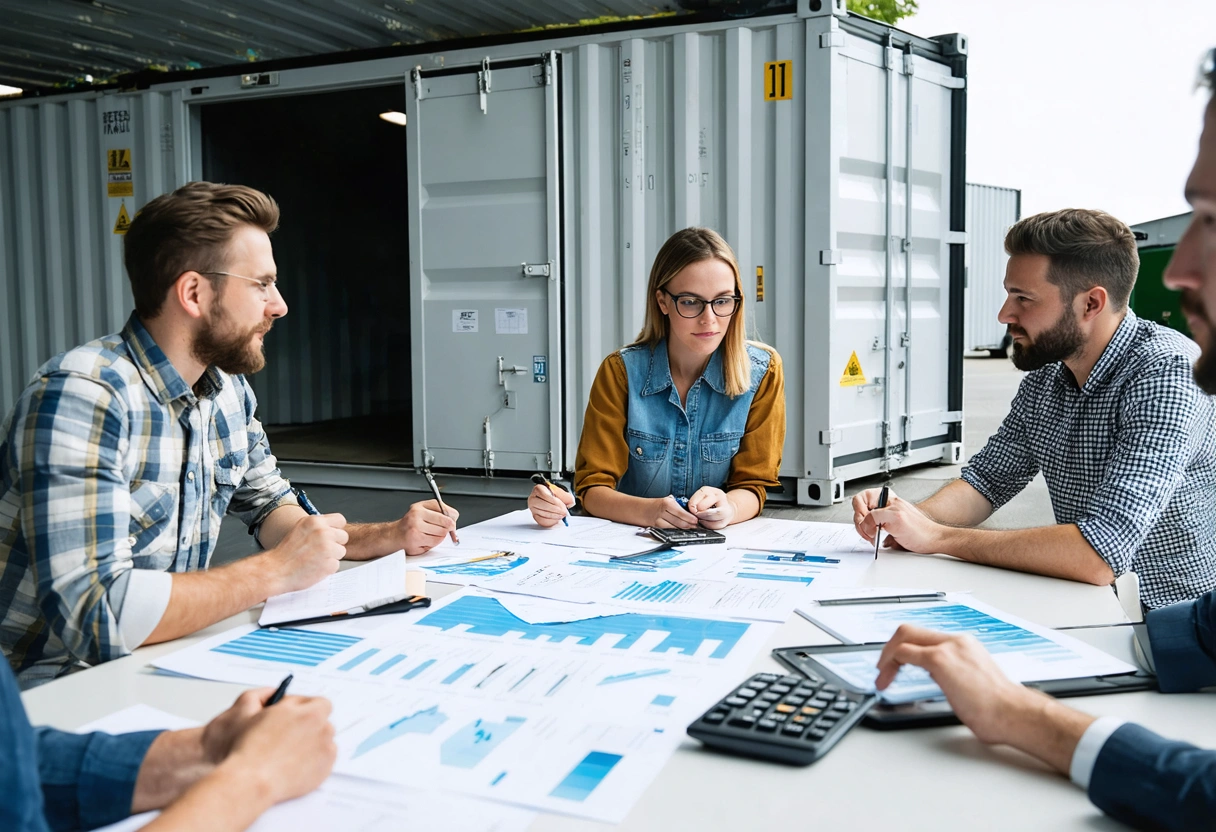 Small business team reviewing rental storage container cost estimates in office.