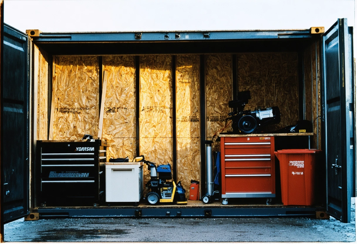 Storage container interior on a construction site, organized for seasonal changes, insulated areas, ventilated sections,