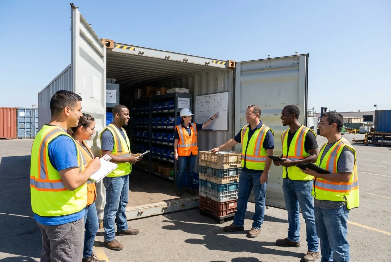 Construction site storage container, team training session, workers learning organization system, labeled shelves, tools neatly