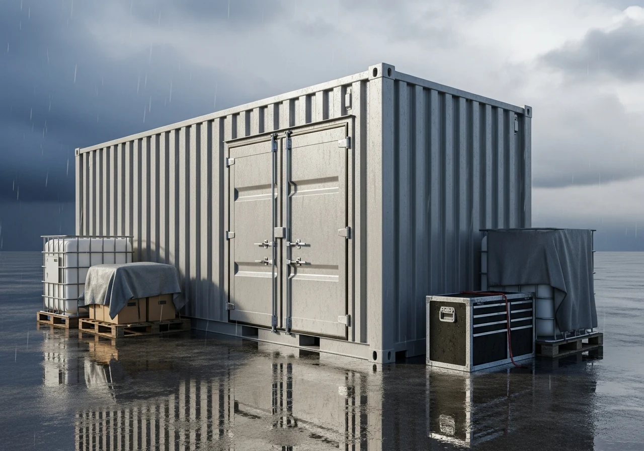 Weather-resistant storage container in industrial yard with reinforced doors.