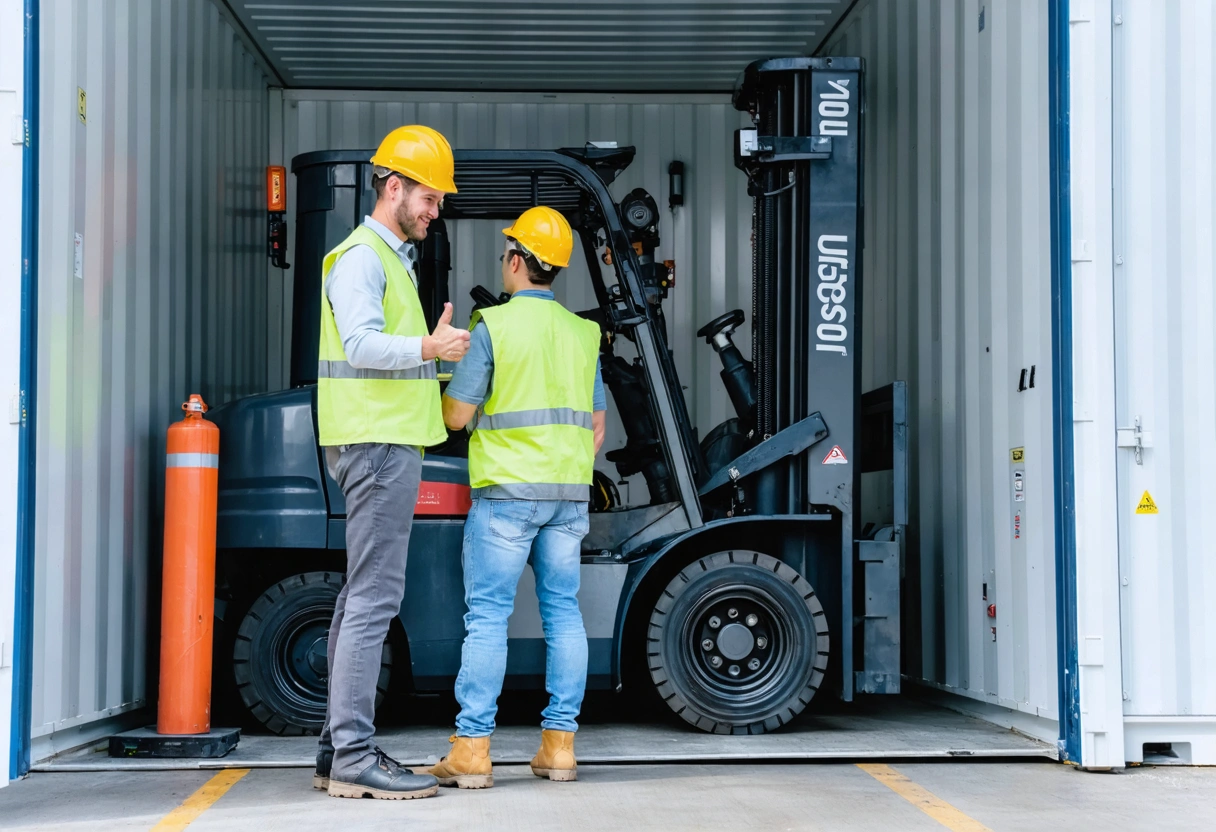 Technician and customer in storage container, with thumbs-up in background.