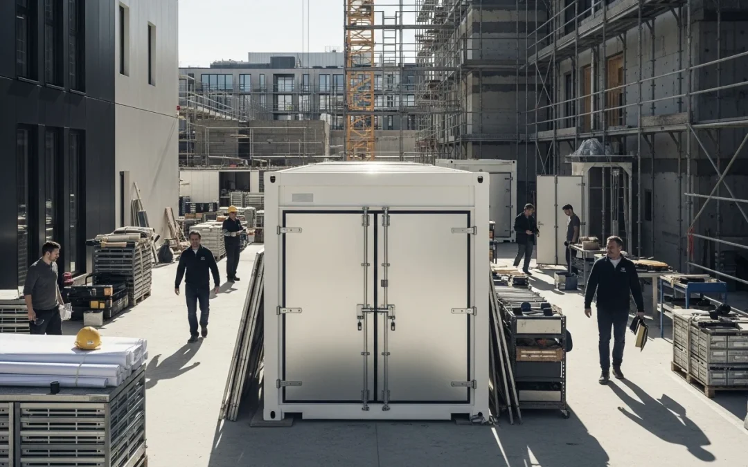 Modern construction site with secure storage container and organized tools