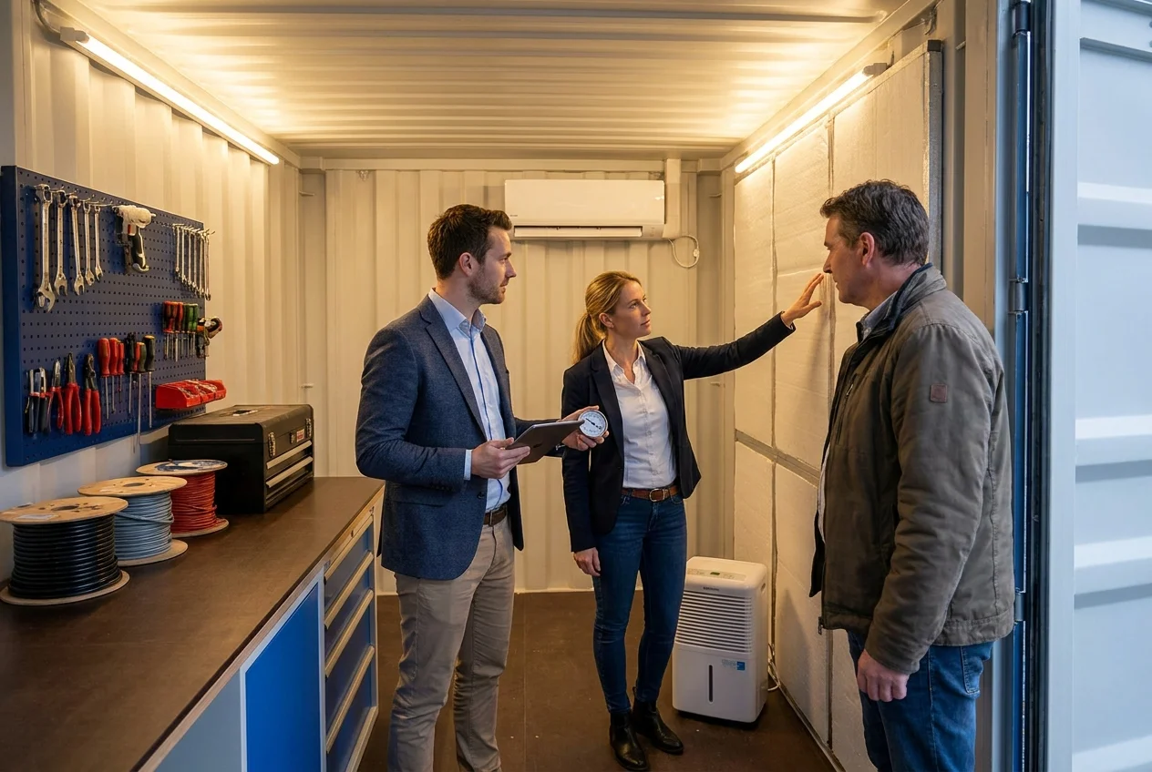 Professionals and customer discussing climate control setup in storage container.