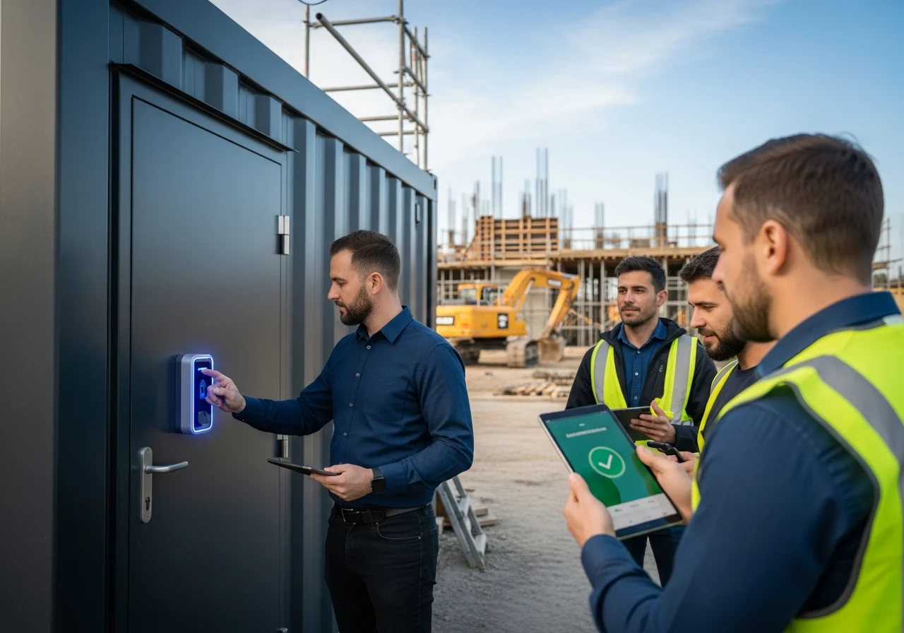 Team collaborating around a storage container with smart locking technology