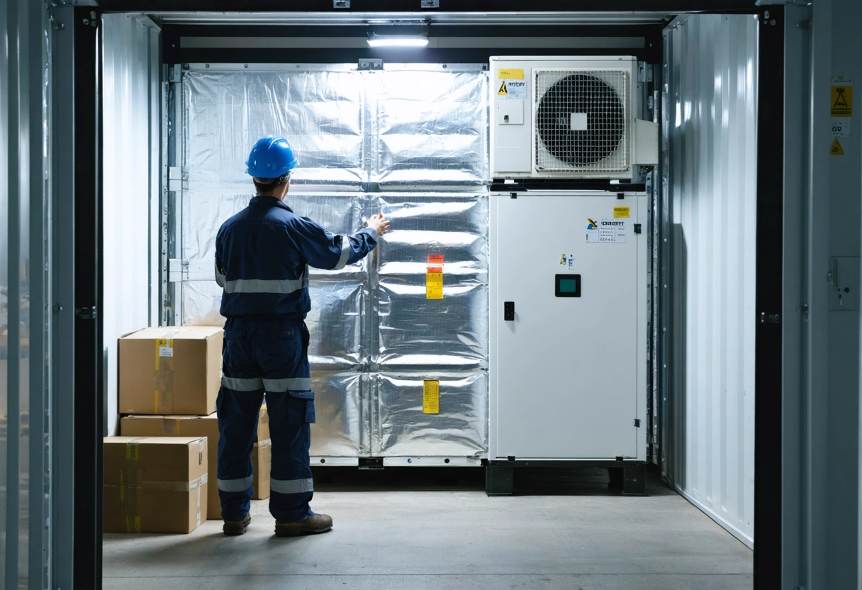 Person inspecting climate-controlled storage interior with heating and cooling unit.