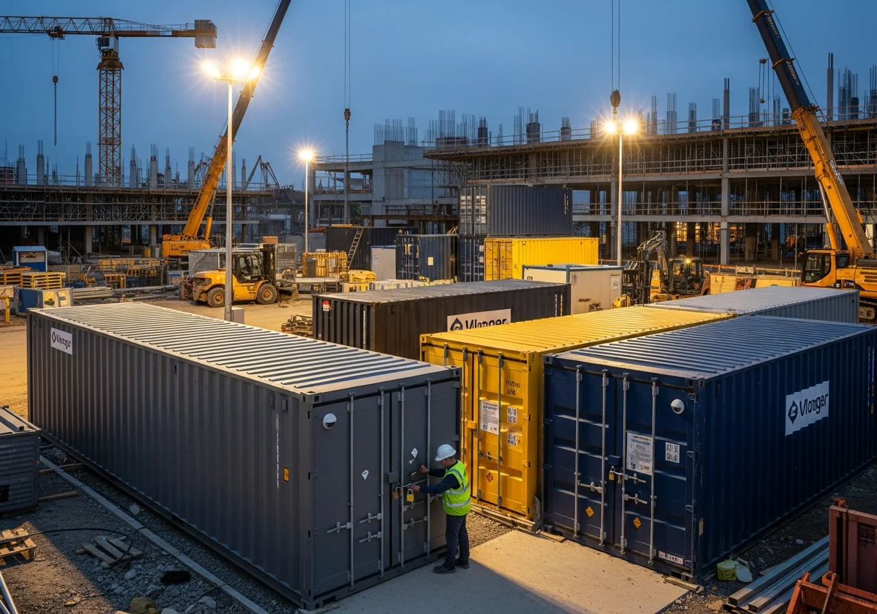 A construction site with on-site storage containers.