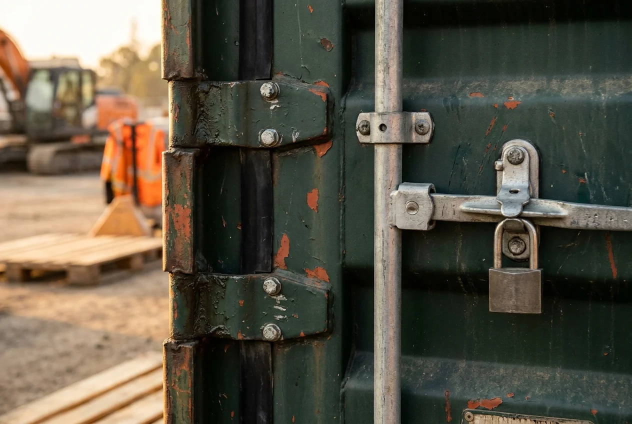Close-up of a rugged storage container door with reinforced hinges