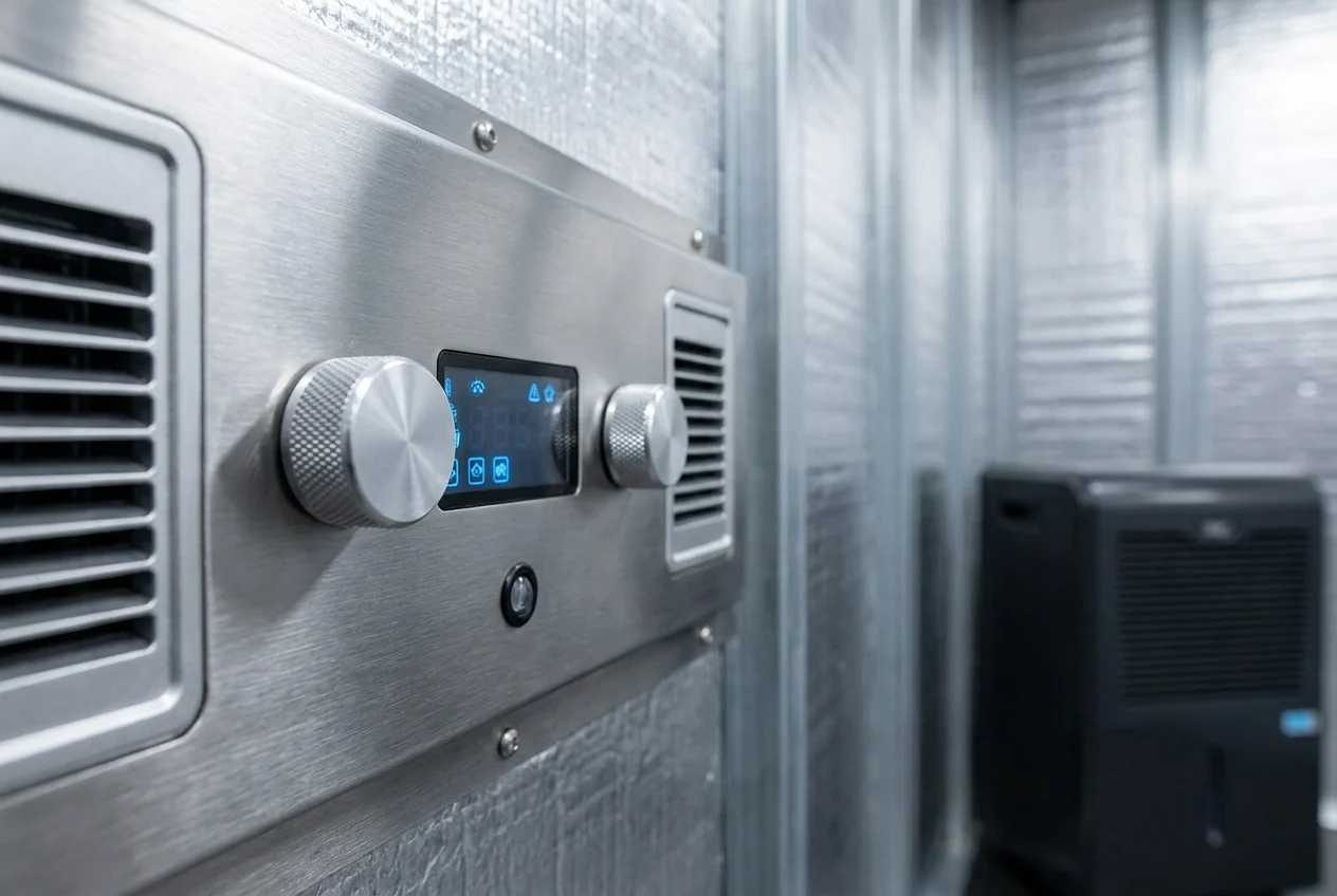 Close-up of climate control module with knobs and digital display.