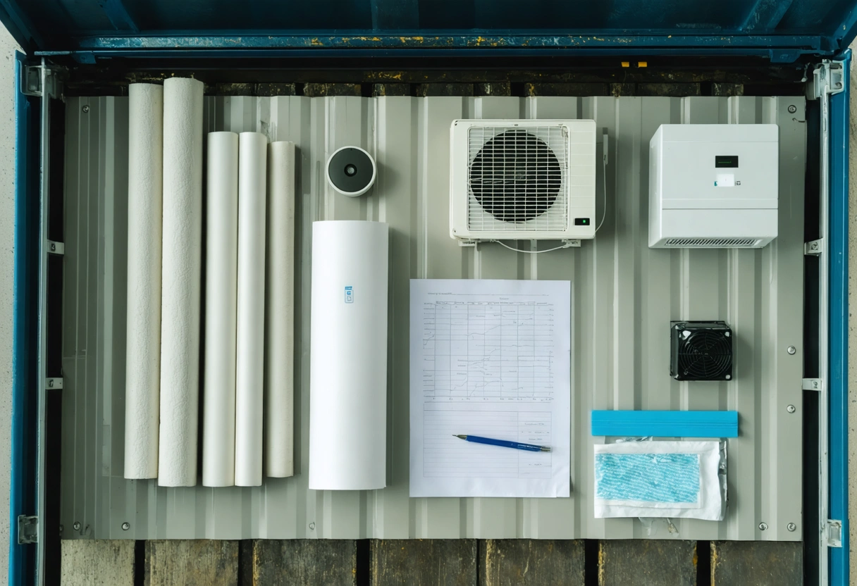 Top-down view of planning materials for climate-controlled storage container.