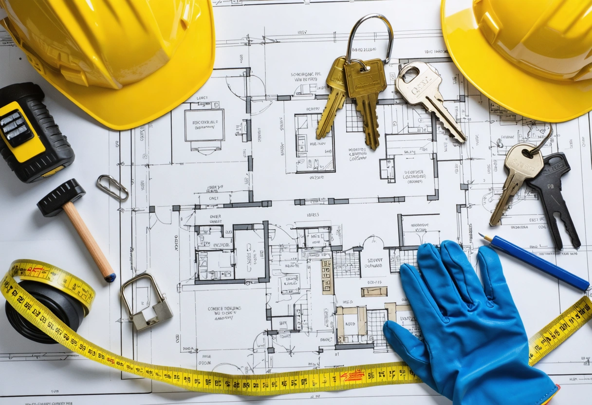 Organized construction site planning materials around a secure storage container concept